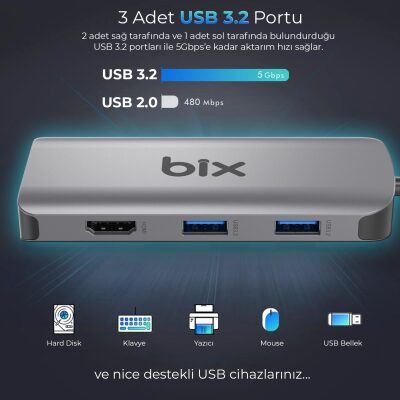 Bix BX17HB Type-C to Gigabit Ethernet HDMI PD USB 3.2 Micro SD/SD VGA Çoklayıcı Adaptör - 6