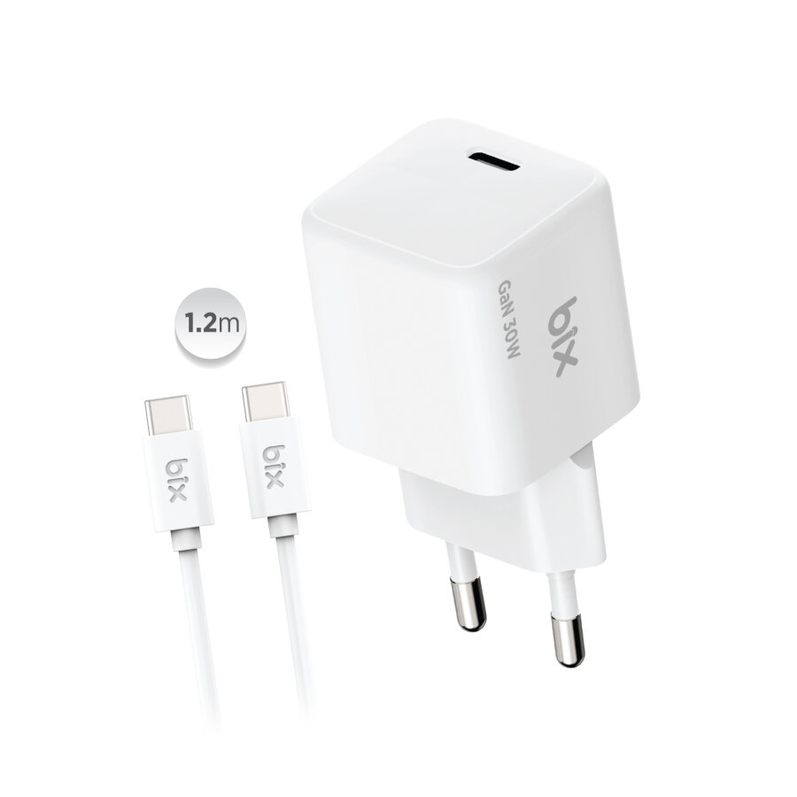 Bix BX1P32G GaN 30W iPhone & Android Uyumlu USB-C PD Hızlı Şarj Cihazı ve 1.2 Metre 3A Type-C Kablo Beyaz - 1