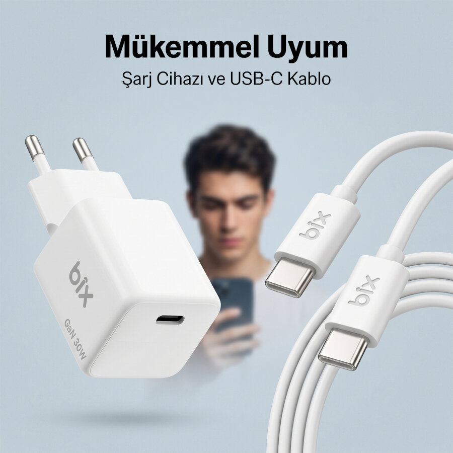 Bix BX1P32G GaN 30W iPhone & Android Uyumlu USB-C PD Hızlı Şarj Cihazı ve 1.2 Metre 3A Type-C Kablo Beyaz - 2