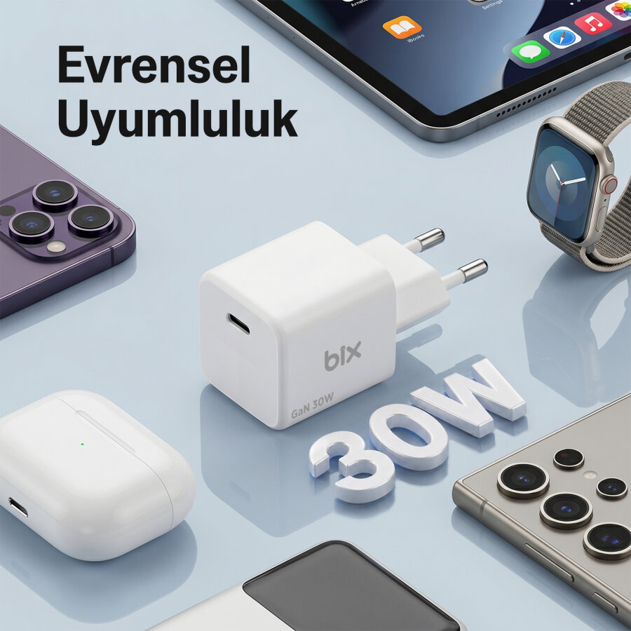 Bix BX1P32G GaN 30W iPhone & Android Uyumlu USB-C PD Hızlı Şarj Cihazı ve 1.2 Metre 3A Type-C Kablo Beyaz - 3