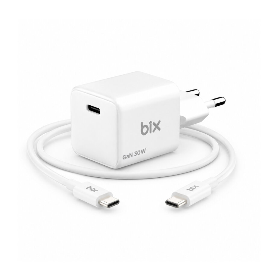 Bix BX1P32G GaN 30W iPhone & Android Uyumlu USB-C PD Hızlı Şarj Cihazı ve 1.2 Metre 3A Type-C Kablo Beyaz - 4