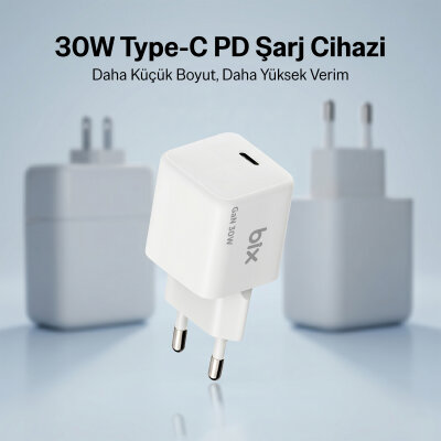 Bix BX1P32G GaN 30W iPhone & Android Uyumlu USB-C PD Hızlı Şarj Cihazı ve 1.2 Metre 3A Type-C Kablo Beyaz - 6