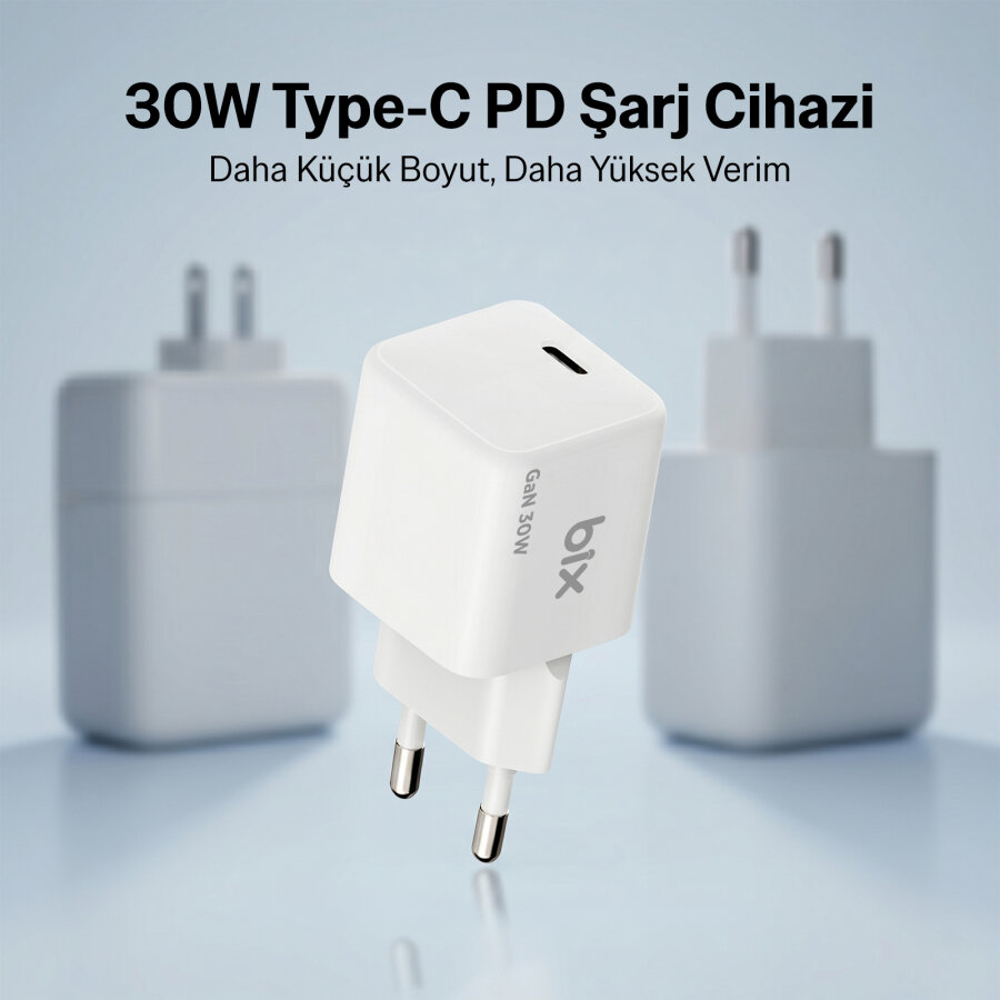Bix BX1P32G GaN 30W iPhone & Android Uyumlu USB-C PD Hızlı Şarj Cihazı ve 1.2 Metre 3A Type-C Kablo Beyaz - 6