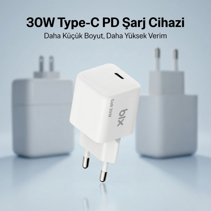 Bix BX1P32G GaN 30W Type-C PD Hızlı Şarj Cihazı iPhone Android Uyumlu Şarj Aleti Beyaz - 2