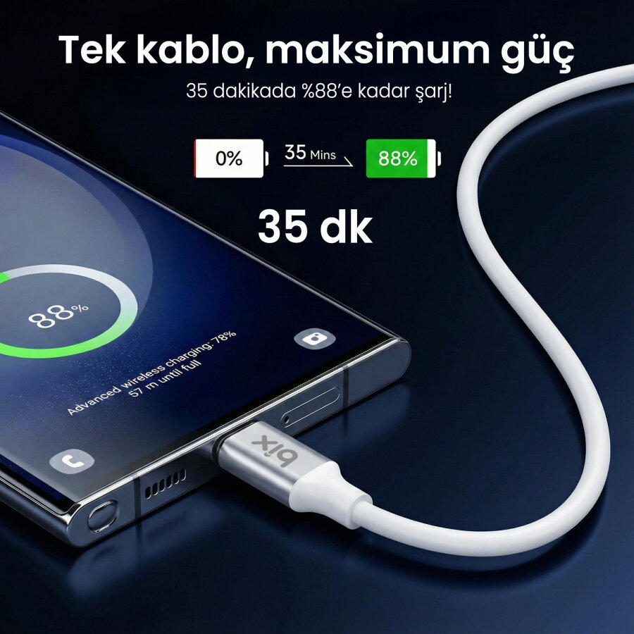 Bix BX200CC 100W 5Gbps E-Mark Çipli Type-C to Type-C Yüksek Hızlı Şarj ve Data Kablosu 2 Metre Beyaz - 3