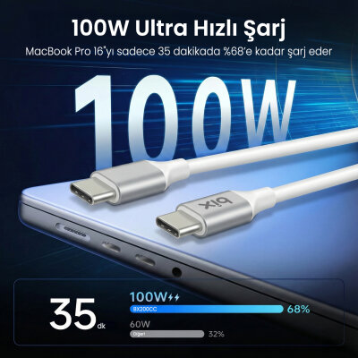 Bix BX200CC 100W 5Gbps E-Mark Çipli Type-C to Type-C Yüksek Hızlı Şarj ve Data Kablosu 2 Metre Beyaz - 4