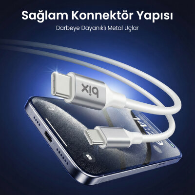 Bix BX200CC 100W 5Gbps E-Mark Çipli Type-C to Type-C Yüksek Hızlı Şarj ve Data Kablosu 2 Metre Beyaz - 5