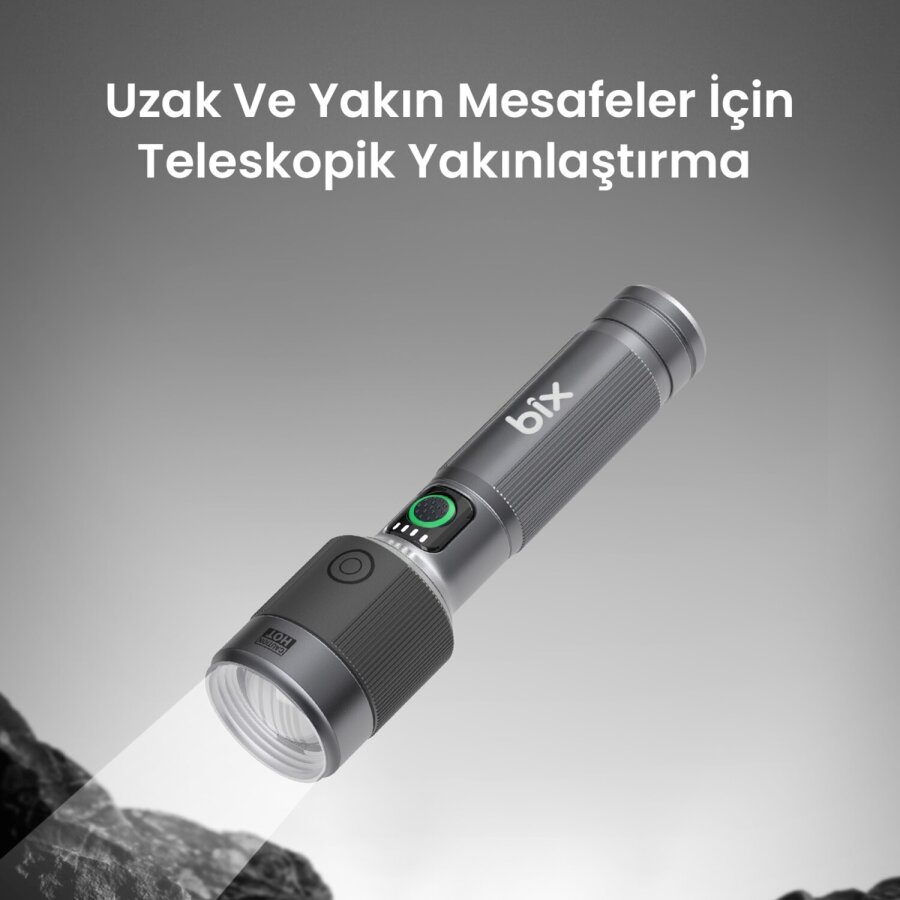 Bix BX2101FL 30W LED 690 Metre Uzun Menzilli Şarjlı El Feneri 1450 Lümen Güç Göstergeli Zoom Özellikli Işıklı Kamp Feneri - 2