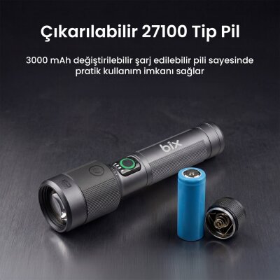 Bix BX2101FL 30W LED 690 Metre Uzun Menzilli Şarjlı El Feneri 1450 Lümen Güç Göstergeli Zoom Özellikli Işıklı Kamp Feneri - 3