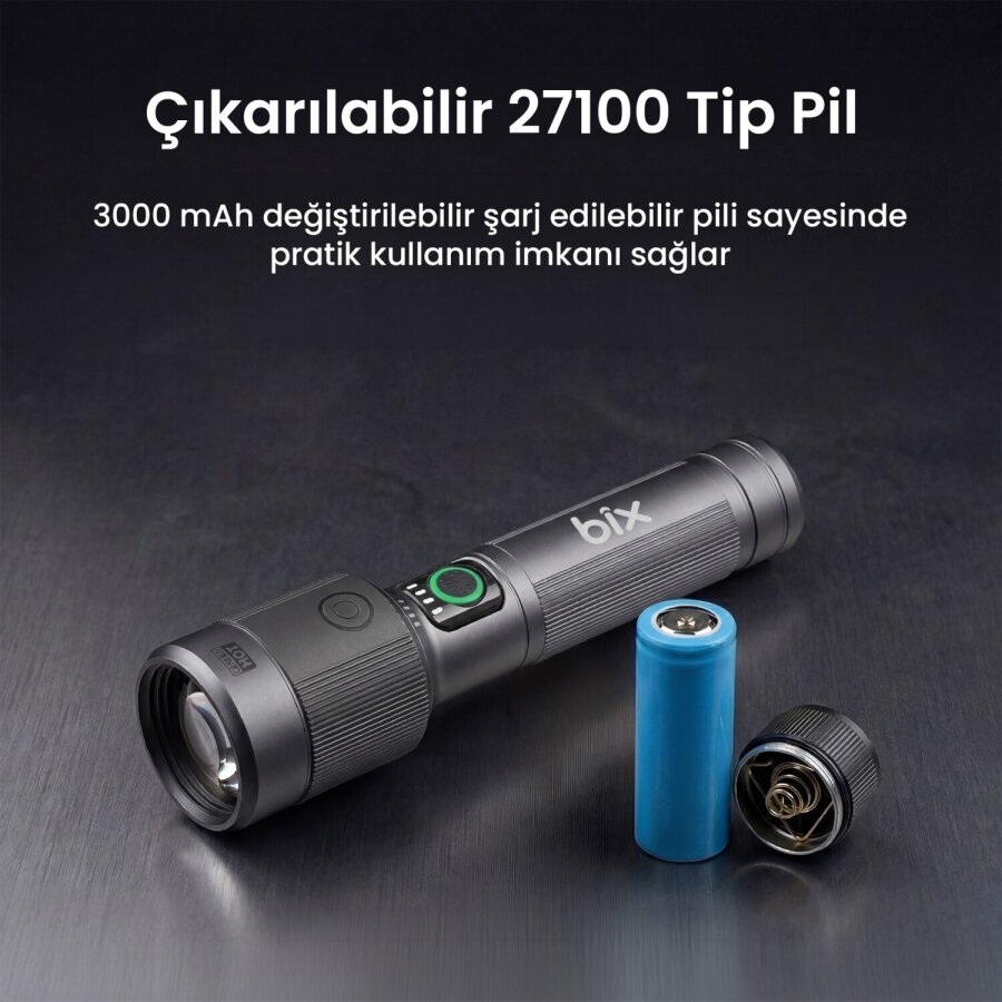 Bix BX2101FL 30W LED 690 Metre Uzun Menzilli Şarjlı El Feneri 1450 Lümen Güç Göstergeli Zoom Özellikli Işıklı Kamp Feneri - 3