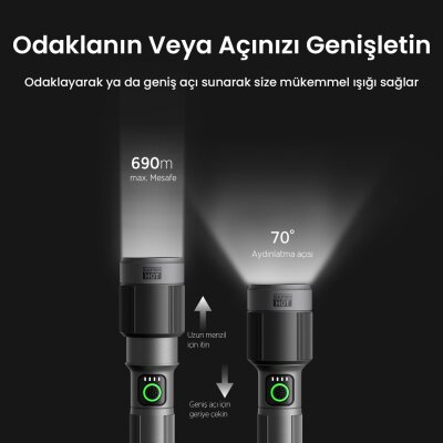 Bix BX2101FL 30W LED 690 Metre Uzun Menzilli Şarjlı El Feneri 1450 Lümen Güç Göstergeli Zoom Özellikli Işıklı Kamp Feneri - 4