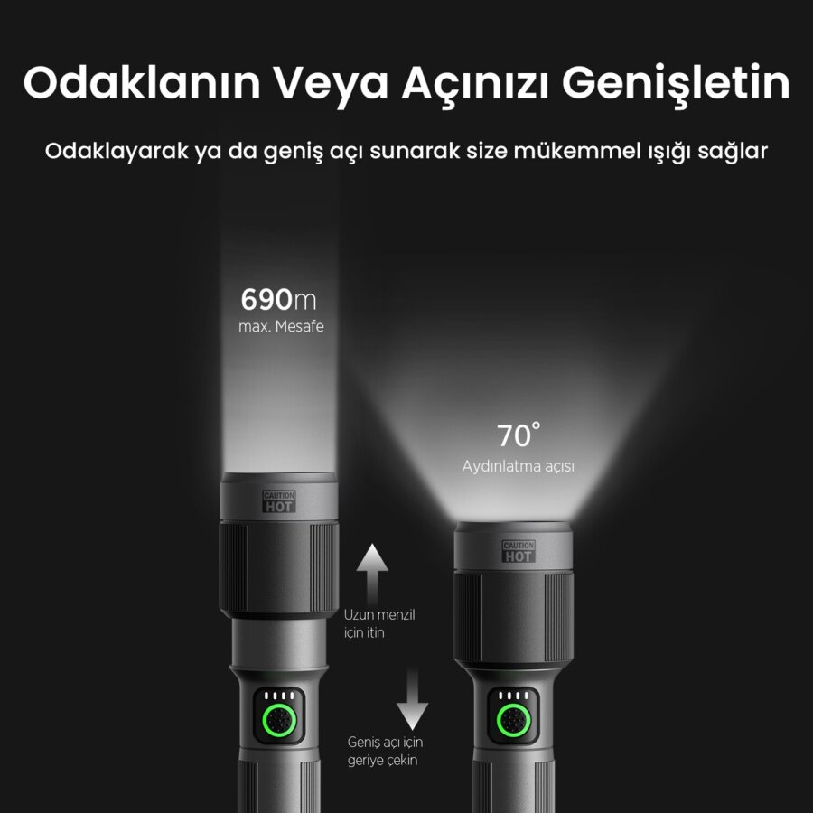 Bix BX2101FL 30W LED 690 Metre Uzun Menzilli Şarjlı El Feneri 1450 Lümen Güç Göstergeli Zoom Özellikli Işıklı Kamp Feneri - 4