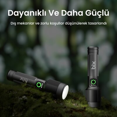 Bix BX2101FL 30W LED 690 Metre Uzun Menzilli Şarjlı El Feneri 1450 Lümen Güç Göstergeli Zoom Özellikli Işıklı Kamp Feneri - 7