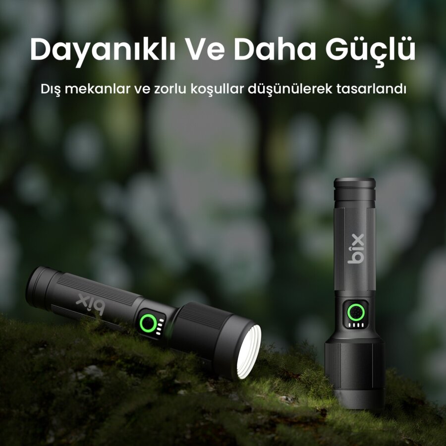 Bix BX2101FL 30W LED 690 Metre Uzun Menzilli Şarjlı El Feneri 1450 Lümen Güç Göstergeli Zoom Özellikli Işıklı Kamp Feneri - 7