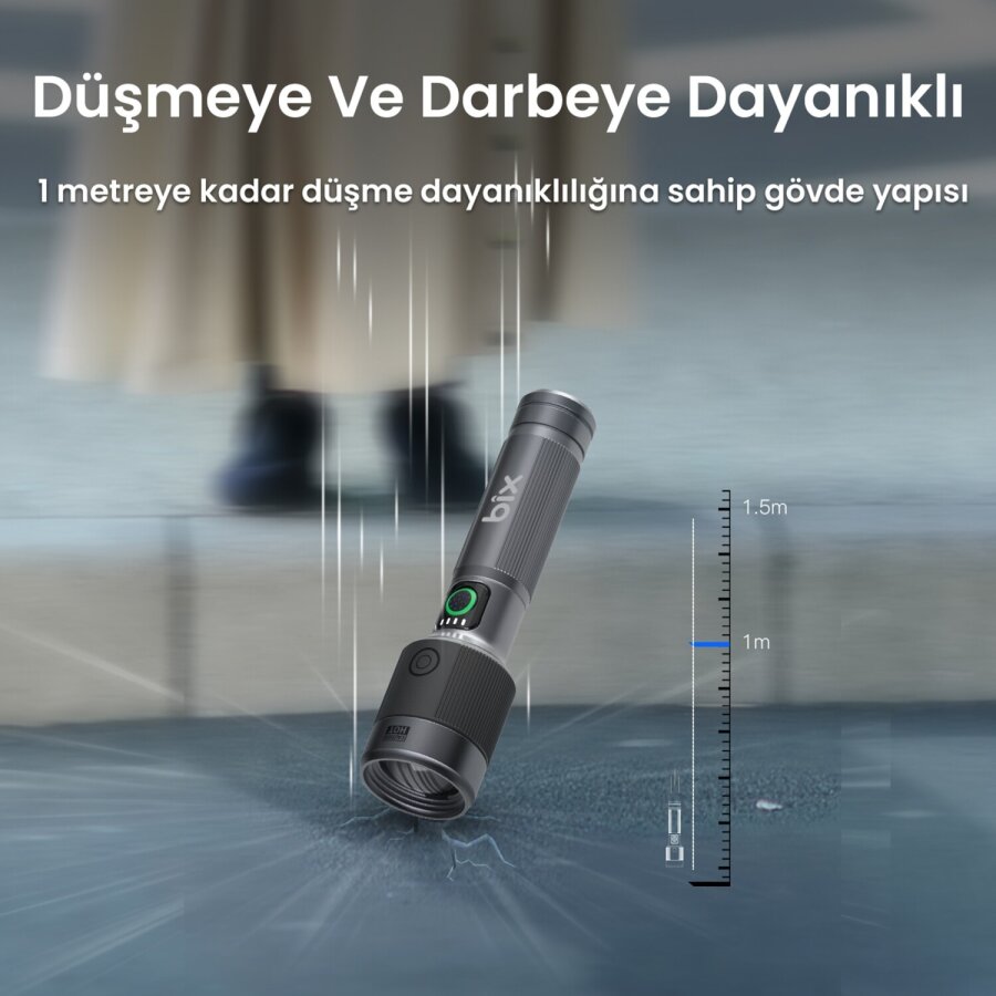 Bix BX2101FL 30W LED 690 Metre Uzun Menzilli Şarjlı El Feneri 1450 Lümen Güç Göstergeli Zoom Özellikli Işıklı Kamp Feneri - 8