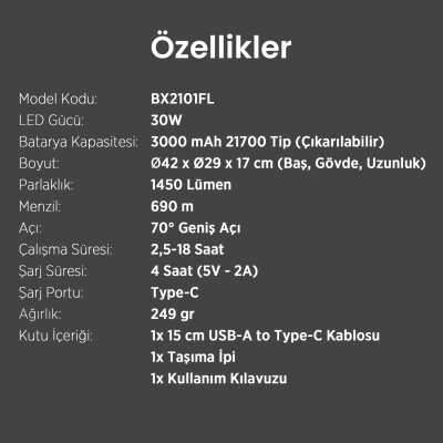 Bix BX2101FL 30W LED 690 Metre Uzun Menzilli Şarjlı El Feneri 1450 Lümen Güç Göstergeli Zoom Özellikli Işıklı Kamp Feneri - 9