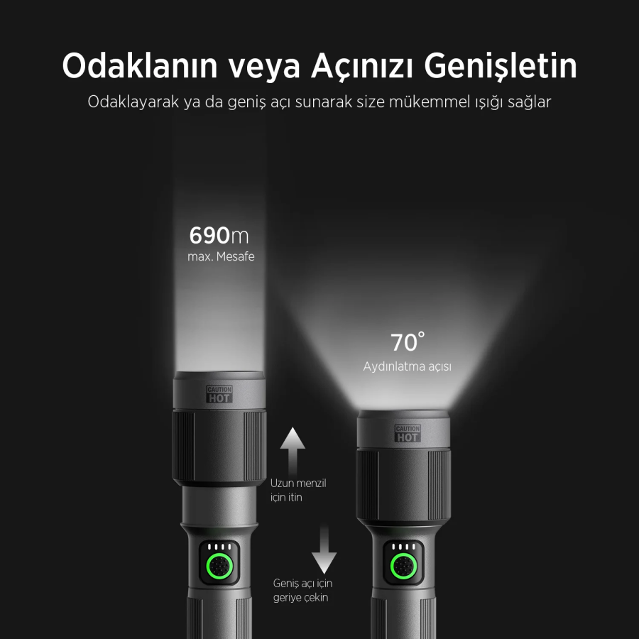 Bix BX2101FL 30W LED 690 Metre Uzun Menzilli Şarjlı El Feneri 1450 Lümen Güç Göstergeli Zoom Özellikli Işıklı Kamp Feneri - 6
