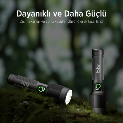 Bix BX2101FL 30W LED 690 Metre Uzun Menzilli Şarjlı El Feneri 1450 Lümen Güç Göstergeli Zoom Özellikli Işıklı Kamp Feneri - 8