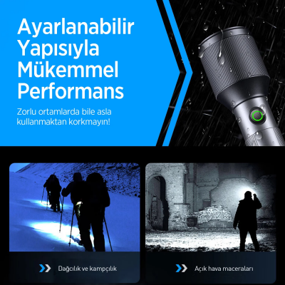 Bix BX2143FL 24W LED 950 Metre Uzun Menzilli Şarjlı El Feneri 1100 Lümen Güç Göstergeli Zoom Özellikli Işıklı Kamp Feneri - 7