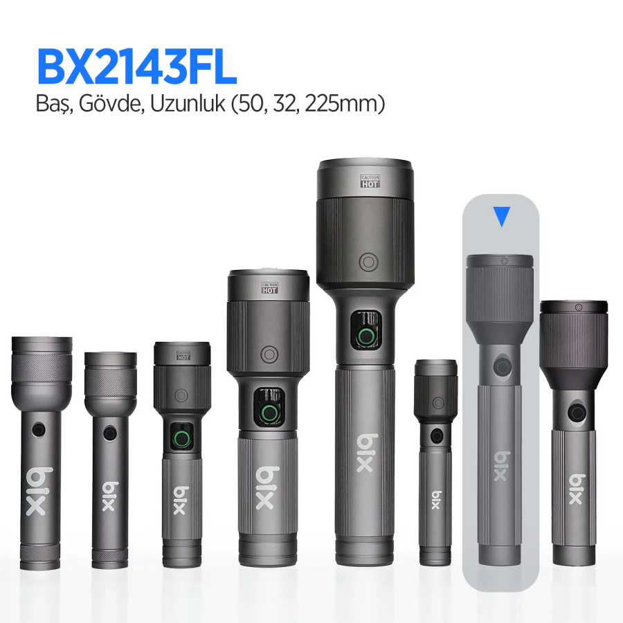 Bix BX2143FL 24W LED 950 Metre Uzun Menzilli Şarjlı El Feneri 1100 Lümen Güç Göstergeli Zoom Özellikli Işıklı Kamp Feneri - 3