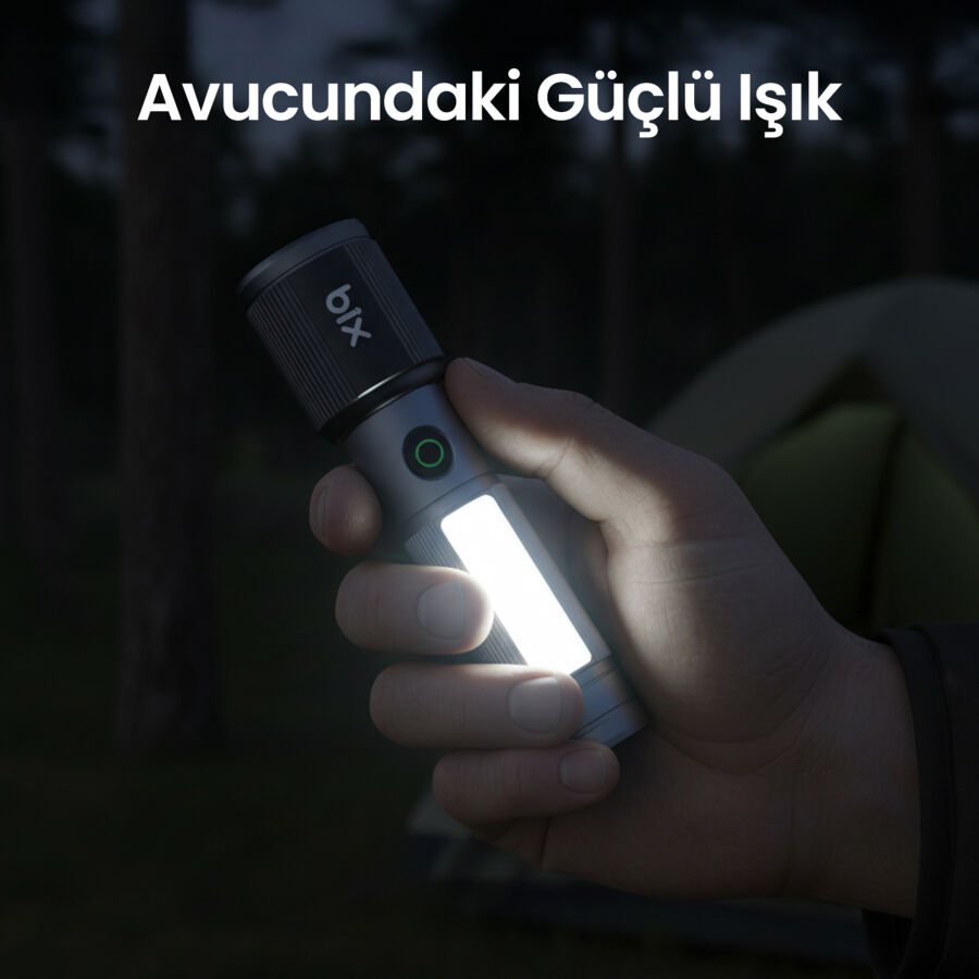 Bix BX2153FL 7W LED 325 Metre Menzilli 330 Lümen Type-C LED El Feneri Manyetik COB Zoom Özellikli Işıklı Kamp Feneri - 5