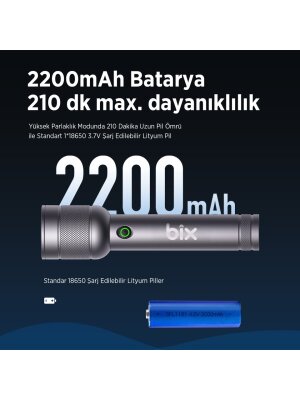 Bix BX2186FL 3W LED 300 Metre Uzun Menzilli Şarjlı El Feneri 910 Lümen Çok Modlu Işıklı Kamp Feneri - 5