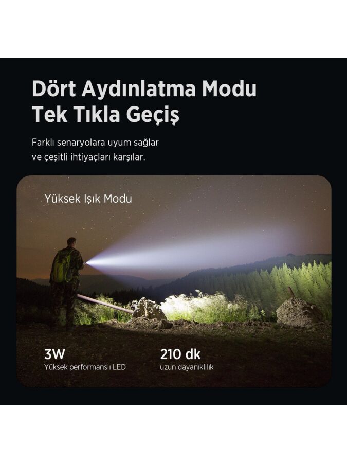 Bix BX2186FL 3W LED 300 Metre Uzun Menzilli Şarjlı El Feneri 910 Lümen Çok Modlu Işıklı Kamp Feneri - 8