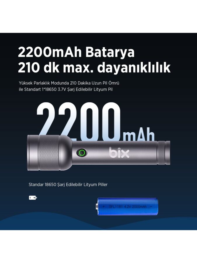 Bix BX2186FL 3W LED 300 Metre Uzun Menzilli Şarjlı El Feneri 910 Lümen Çok Modlu Işıklı Kamp Feneri - 5