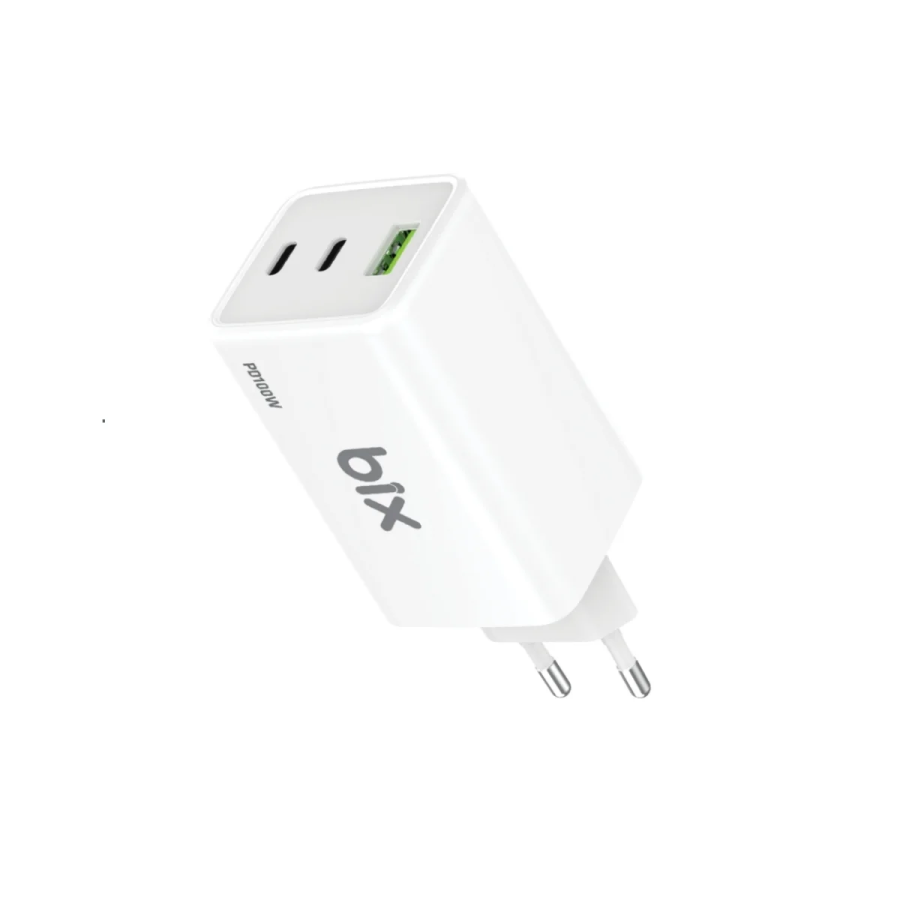 Bix BX3P101G 100W GaN Üçlü Portlu PD PPS Destekli USB-C USB-A Hızlı Şarj Adaptörü Laptop Telefon Uyumlu Beyaz - 3
