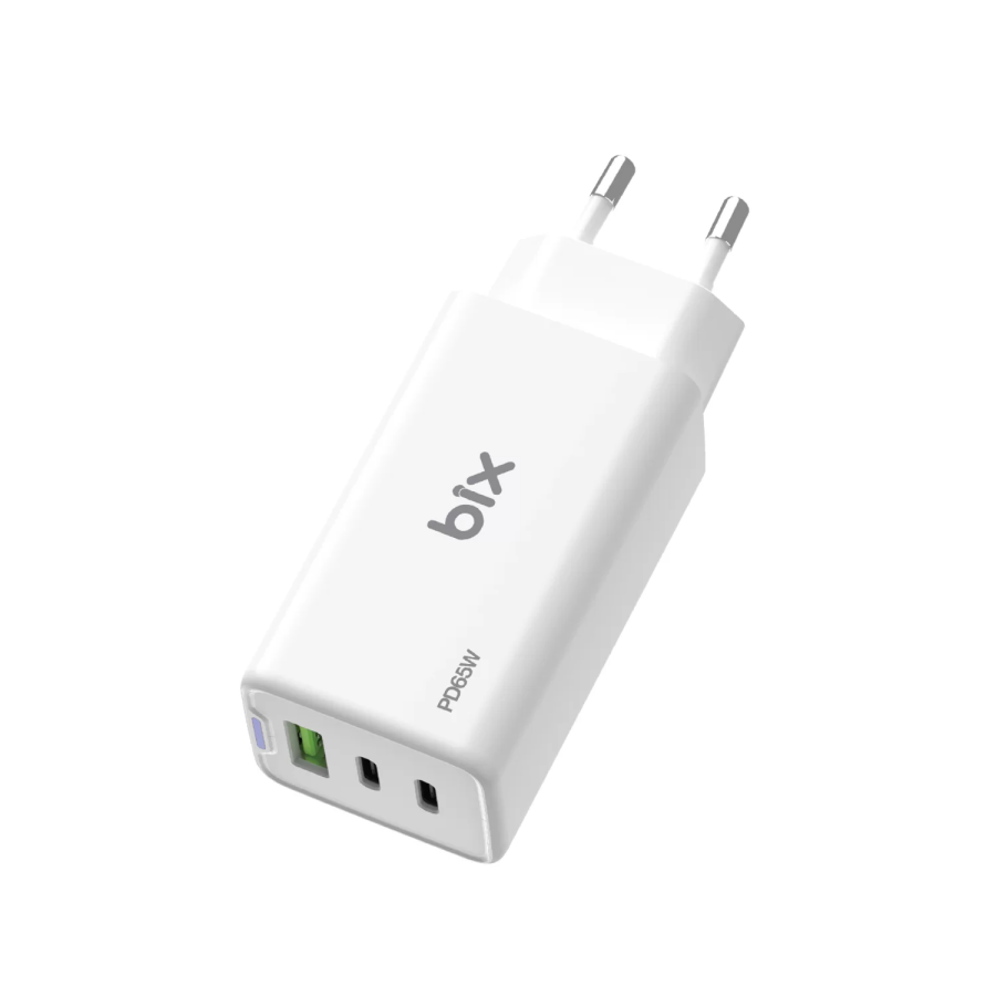 Bix BX3P66G 65W GaN 2 Type-C PD 3.0 ve USB-A QC Üç Portlu Hızlı Şarj Adaptörü Laptop Telefon Uyumlu Beyaz - 1