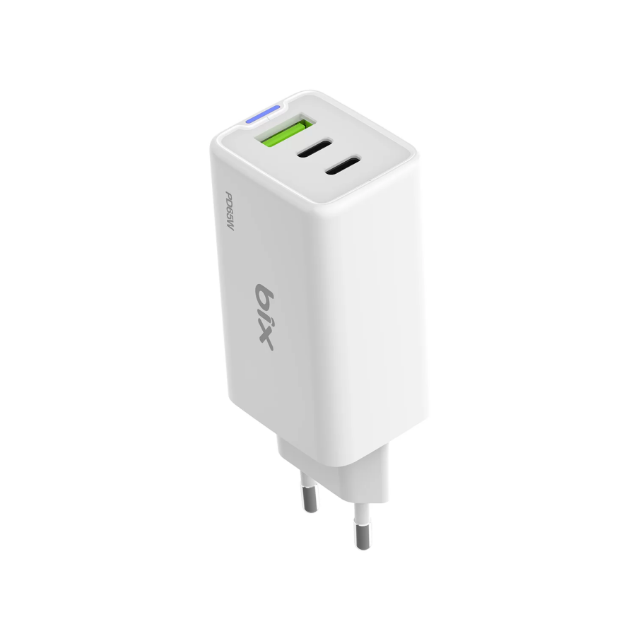 Bix BX3P66G 65W GaN 2 Type-C PD 3.0 ve USB-A QC Üç Portlu Hızlı Şarj Adaptörü Laptop Telefon Uyumlu Beyaz - 3