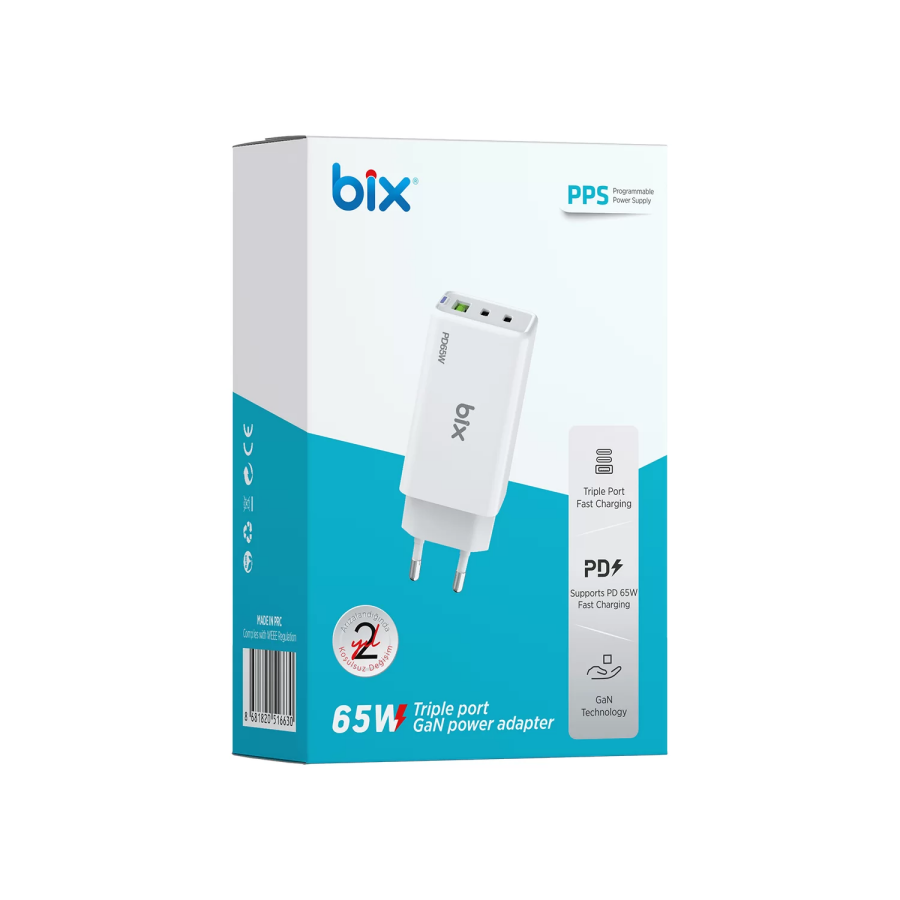 Bix BX3P66G 65W GaN 2 Type-C PD 3.0 ve USB-A QC Üç Portlu Hızlı Şarj Adaptörü Laptop Telefon Uyumlu Beyaz - 4
