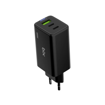 Bix BX3P66G 65W GaN 2 Type-C PD 3.0 ve USB-A QC Üç Portlu Hızlı Şarj Adaptörü Laptop Telefon Uyumlu Siyah 