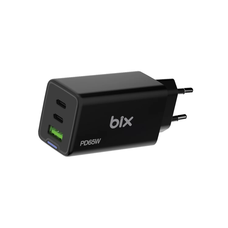 Bix BX3P66G 65W GaN 2 Type-C PD 3.0 ve USB-A QC Üç Portlu Hızlı Şarj Adaptörü Laptop Telefon Uyumlu Siyah - 2