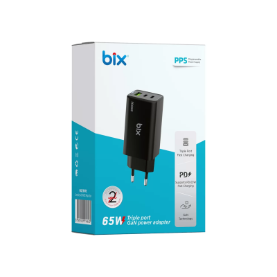 Bix BX3P66G 65W GaN 2 Type-C PD 3.0 ve USB-A QC Üç Portlu Hızlı Şarj Adaptörü Laptop Telefon Uyumlu Siyah - 4