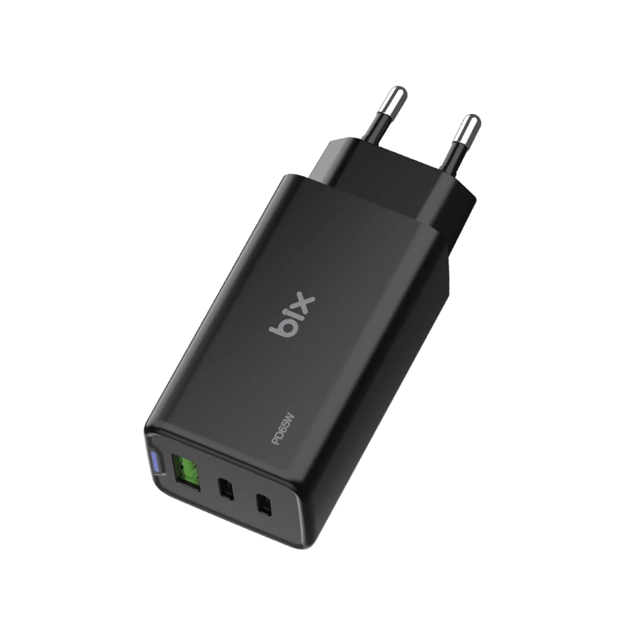 Bix BX3P66G 65W GaN 2 Type-C PD 3.0 ve USB-A QC Üç Portlu Hızlı Şarj Adaptörü Laptop Telefon Uyumlu Siyah - 3