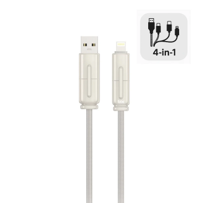 Bix BX4IN1C 65W USB-A & Type-C & Lightning Çok Fonksiyonlu Örgülü Şarj ve Data Kablosu 1.2 Metre Gri