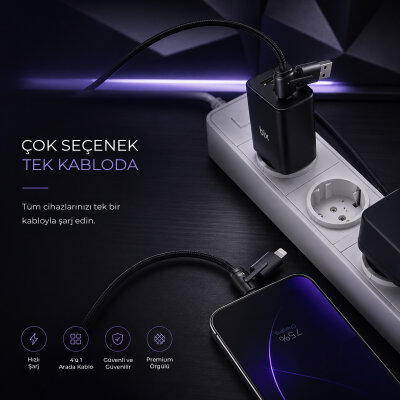 Bix BX4IN1C 65W USB-A & Type-C & Lightning Çok Fonksiyonlu Örgülü Şarj ve Data Kablosu 1.2 Metre Gri - 7