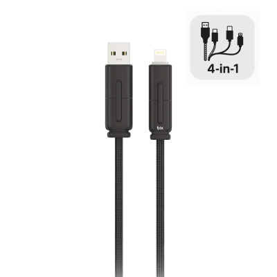 Bix BX4IN1C 65W USB-A & Type-C & Lightning Çok Fonksiyonlu Örgülü Şarj ve Data Kablosu 1.2 Metre Siyah