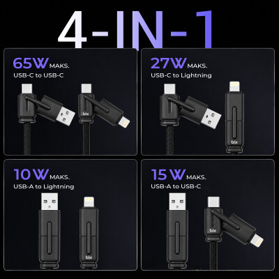 Bix BX4IN1C 65W USB-A & Type-C & Lightning Çok Fonksiyonlu Örgülü Şarj ve Data Kablosu 1.2 Metre Siyah - 2