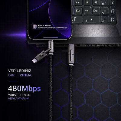 Bix BX4IN1C 65W USB-A & Type-C & Lightning Çok Fonksiyonlu Örgülü Şarj ve Data Kablosu 1.2 Metre Siyah - 3