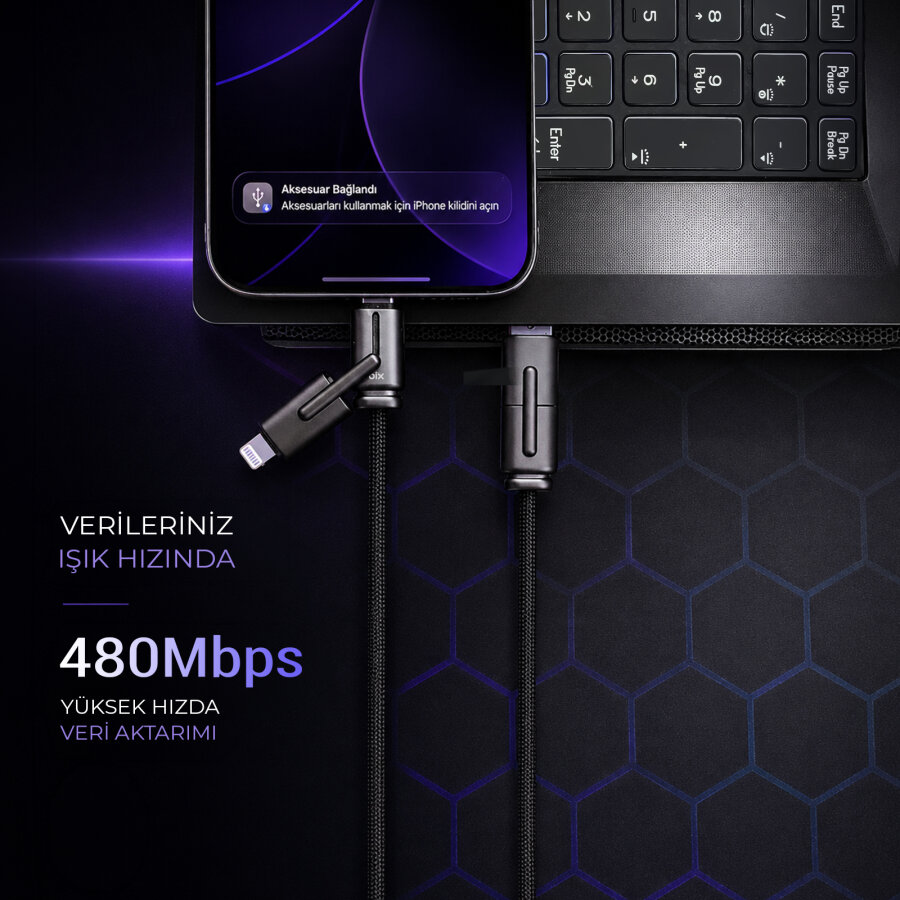 Bix BX4IN1C 65W USB-A & Type-C & Lightning Çok Fonksiyonlu Örgülü Şarj ve Data Kablosu 1.2 Metre Siyah - 3