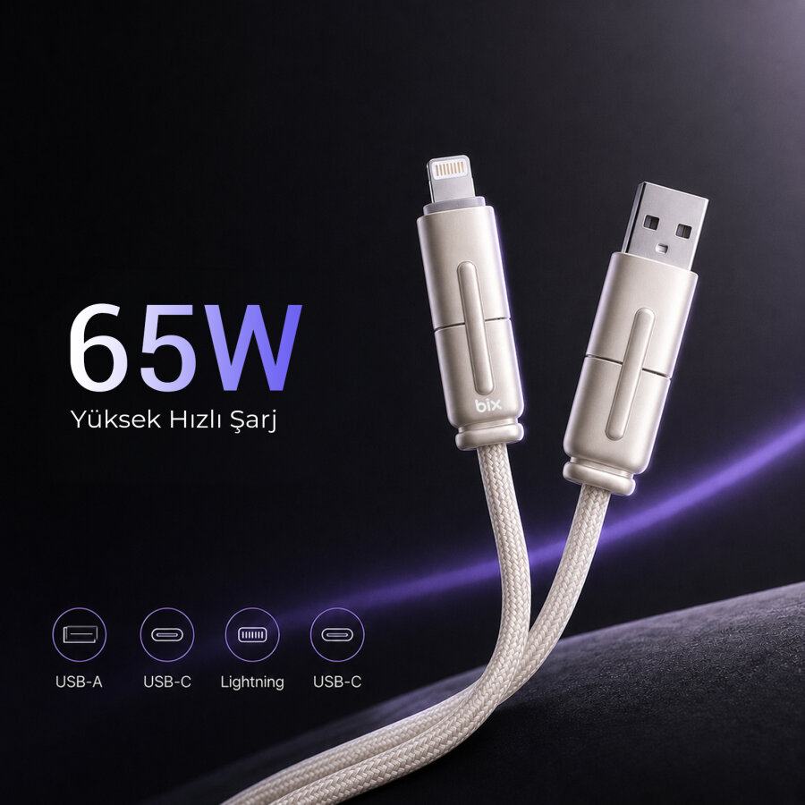 Bix BX4IN1C 65W USB-A & Type-C & Lightning Çok Fonksiyonlu Örgülü Şarj ve Data Kablosu 1.2 Metre Siyah - 6