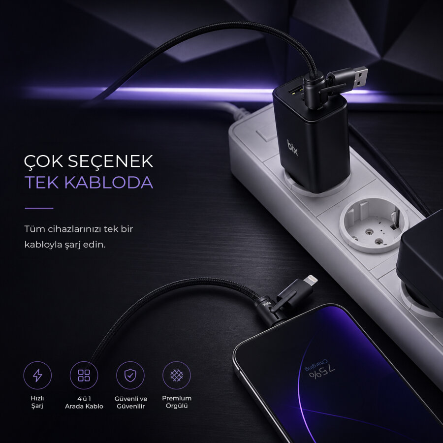 Bix BX4IN1C 65W USB-A & Type-C & Lightning Çok Fonksiyonlu Örgülü Şarj ve Data Kablosu 1.2 Metre Siyah - 7