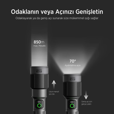 Bix BX5101FL 60W LED 850 Metre Uzun Menzilli Şarjlı El Feneri 2300 Lümen Çok Modlu Işıklı Kamp Feneri - 7