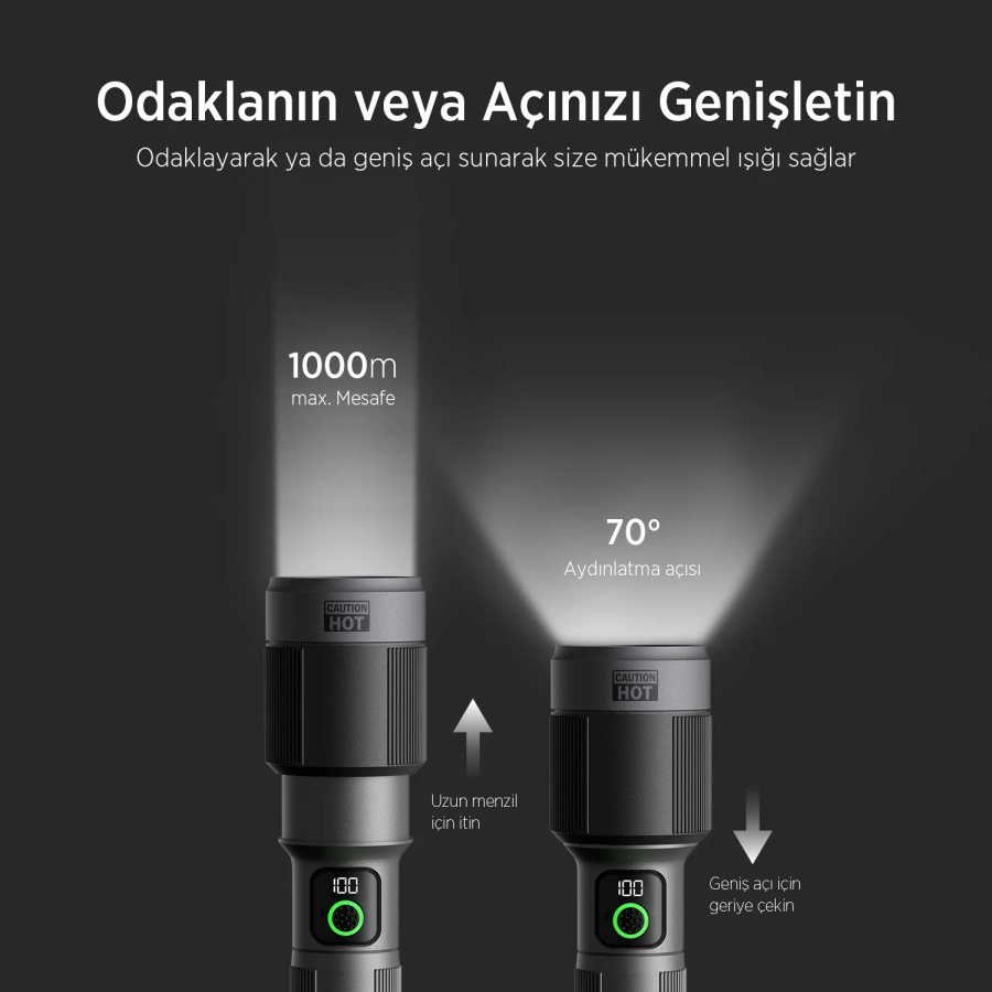 Bix BX5102FL 60W LED 1000 Metre Uzun Menzilli Şarjlı El Feneri 3000 Lümen Çok Modlu Işıklı Kamp Feneri  - 7