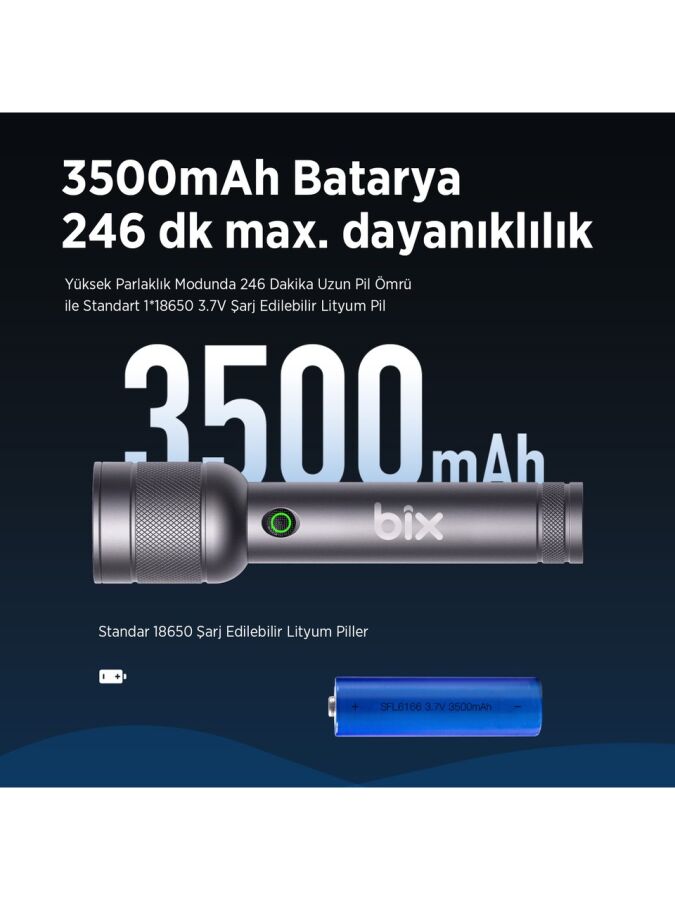 Bix BX6166FL 3W LED 368 Metre Uzun Menzilli Şarjlı El Feneri 1500 Lümen Çok Modlu Işıklı Kamp Feneri - 4