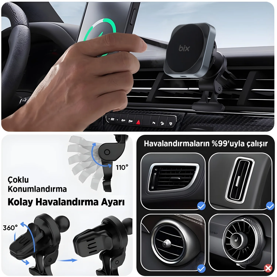 Bix BXCH10 15W Kablosuz Şarj Destekli 180° Ayarlanabilir Manyetik Araç İçi Telefon Tutucu - 5