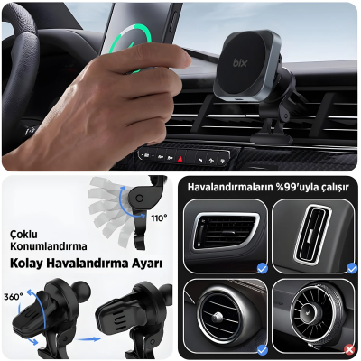 Bix BXCH10 15W Kablosuz Şarj Destekli 180° Ayarlanabilir Manyetik Araç İçi Telefon Tutucu - 5
