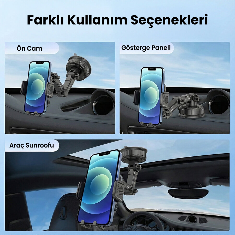 Bix BXCH15 Uzayabilen Ayarlanabilir Cam Torpido Ön Panel Uyumlu Çok Fonksiyonlu Vantuzlu Araç İçi Telefon Tutucu - 2